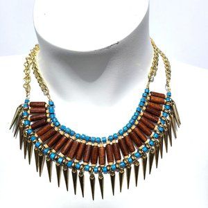 Tribal Choker Necklace Brown & Blue Wood Beads Gold-Tone Spike Accents Boho